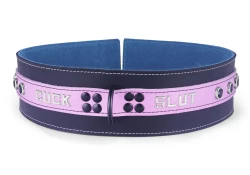 Heavy duty collar 2" wide. Rose leather top, black leather bottom, teal suede inner lining, reinforced black d ring in center, lettering and onyx gems.