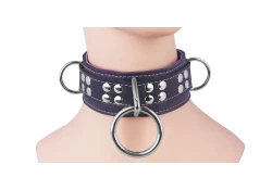 Heavy duty collar 2" wide. Black leather top, black leather bottom, 3 reinforced loop & dee (large ring).