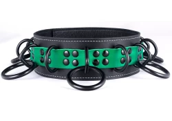 Heavy duty collar 2" wide. Italian green leather top, black leather bottom, alternating reinforced black d ring and black loop & dee.