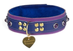 Heavy duty collar 1.5" wide. Royal blue leather, lavender leather* bottom, royal blue fur inner lining, reinforced brass d ring reinforced (with large gold heart custom tag), purple dome gems.