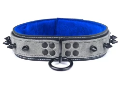Heavy duty collar 1.5" wide. Grey suede outer layer, black leather bottom, royal blue fur inner lining, reinforced black loop & dee, black spikes.