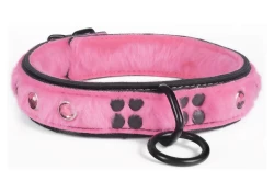 Heavy duty collar 1.25" wide. Pink fur outer layer top, black leather bottom, pink fur inner lining, reinforced black loop & dee, pink gems.