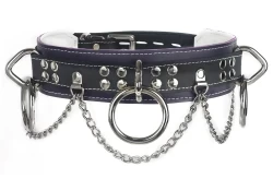 Heavy duty collar 1.75" wide. Black leather top, Midnight Purple leather bottom, black lambskin inner lining, 3 reinforced loop & dee with chains in between.