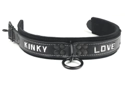 Heavy duty collar 1.5" wide. Black lambskin outer layer top, black suede inner lining, black suede inner lining, reinforced black loop & dee, lettering.