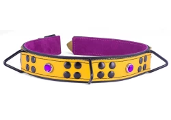 Heavy duty collar 1.25" wide. Orange leather top, black leather bottom, violet suede inner lining, reinforced black d rings, amethyst gems.