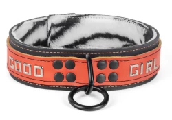 Heavy duty collar 1.5" wide. Orange leather top, black leather bottom, zebra fur inner lining, reinforced black loop & dee, lettering.