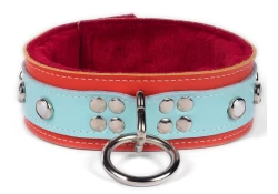 Heavy duty collar 1.75" wide. Baby blue leather top, orange leather bottom, red fur inner lining, reinforced loop & dee, opal gems (discontinued).