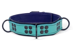 Heavy duty collar 1.25" wide. Turquoise leather* top, black leather bottom, purple lambskin inner lining, 3 reinforced black d rings. * Discontinued.