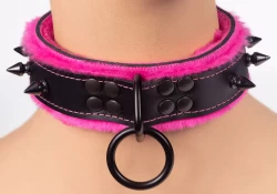 Heavy duty collar 1.5" wide. Black leather top, pink fur outer layer bottom, pink fur inner lining, reinforced black loop & dee, black spikes.