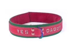 Double strap collar 1.5" wide. Light red leather top, italian green leather bottom, red rabbit fur inner lining, rainbow d ring and lettering.