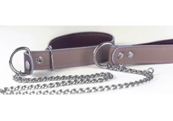 1" wide choker collar with a matching leash. Mocha leather, chocolate lambskin inner lining. Shows how the collar snap opens in order to get the collar around the neck. Chocker collars are not compatible with decor or lettering. If you would like to order one, email us