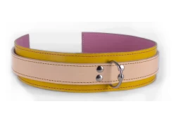 Double strap collar 2" wide. Peach cream leather top strap, gold leather bottom strap, rose lambskin inner lining, silver d ring in center.