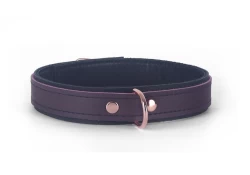 Double strap collar 1" wide, made in 3/4 top style. Chocolate raspberry leather top strap, black leather bottom strap, black lambskin inner lining, rose-gold d ring in center