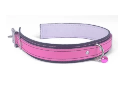Double strap collar 1.25" wide, made in 3/4 top style. Pink leather top, black leather bottom, light rose cuddle fleece inner lining, silver d ring (with small pink jingle bell), silver locking buckle