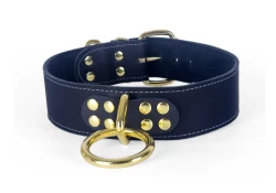 Single strap collar 1.5" wide. Black leather, black suede inner lining, reinforced* brass loop & dee in center, brass d ring by buckle, brass buckle. * Only available on single strap collars that are 1.25" wide or wider.