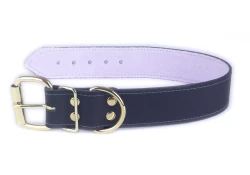 Single strap collar 1,5" wide. Black leather with light rose cuddle fleece inner lining, brass d ring by buckle and brass buckle