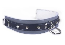 Double strap collar 2" wide. Black leather top strap, grey leather bottom strap, white fur inner lining, silver loop & dee in center, bullet studs