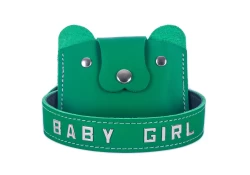 Single strap collar and matching puppy wallet. Italian green leather, forest green lambskin inner lining and lettering on the collar.