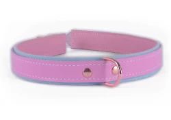 Double strap collar 1" wide, made in 3/4 Top style. Rose leather top strap, baby blue leather bottom strap, rose lambskin inner lining, rose-gold d ring in center.