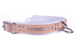 Heavy duty collar 1.5" wide. Peach cream leather top white leather bottom, white fur inner lining, reinforced silver loop & dee in center, reinforced d ring by buckle, silver locking buckle. Top strap has white leather lining.