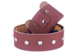2" wide single strap collar with a matching wallet. Milk chocolate leather, tiger fur inner lining, opal gems.