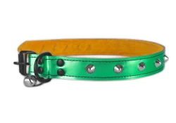 Single strap collar 1" wide. Green metallic leather, butternut fur inner lining, domes, black d ring by buckle (with silver jingle bell), black buckle