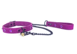 1" wide collar and leash. Lavender suede outer layer, lavender suede inner lining, amethyst gems. Black loop & dee and gold jingle bell on the collar, black hardware on the leash