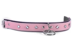 Double strap collar 1.25" wide. Pastel leather top, chocolate raspberry leather bottom. grey lambskin inner lining, silver loop & dee in center, mini crystal diamond pyramid gems