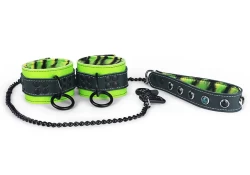 Double strap cuffs 1.75" wide. Black leather top, lime green leather, crocodile fur inner lining (discontinued), reinforced black loop & dee. 1" leash, black leather, crocodile fur inner lining, black stones, black chain 0.25" thick