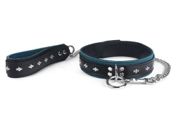 Double strap collar and leash 1.5" wide. Collar: black leather top, teal suede inner lining bottom, black leather inner lining, loop & dee, diamond dots. Leash: black leather top and bottom, teal suede inner lining, diamond dots
