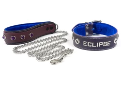 Single strap collar 1.5" wide. Midnight Purple leather, royal blue fur inner lining, lettering and hollow diamonds. Double strap leash 1.5" wide. Chocolate raspberry leather top, black leather bottom, royal blue fur inner lining, amethyst dome gems (discontinued).