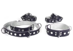 A set of double strap collar, single strap wrist and ankle cuffs, and a belt. Midnight Purple leather, white suede, raised dots