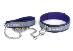 Double strap collar and leash 1.75" wide. Grey leather top strap, black leather bottom strap, purple lambskin inner lining, lettering and silver loop & dee