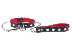 Single strap collar and leash 1" wide. Black leather, red lambskin inner lining, raised dots,