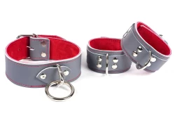 Double strap cuffs and single strap collar, both 1.5" wide. Grey leather top and bottom, red suede inner lining,