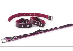Single strap wrist and ankle cuffs, 0.75" wide. Chocolate raspberry leather, no inner lining, d ring in center, opal mini gems