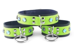 Double strap collar and cuffs, 1/25" wide, regular style. Lime green leather top, black leather bottom, purple lambskin inner lining, d ring on collar, loop & dee on cuffs, aquamarine gems
