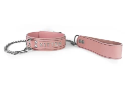 Double strap collar 1.25" wide and singe strap leash 1.25" wide. Pastel leather top and bottom, pastel lambskin inner lining (no lining on leash), lettering and silver chain.