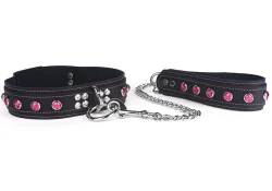 Heavy duty collar and leash 1.5" wide. Black leather top and bottom, no inner lining, reinforced loop & dee on the collar, silver chain on leash, pink gems on both