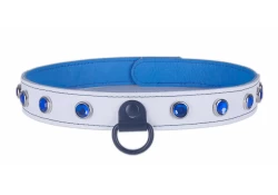 Single strap collar 1" wide. White leather, carolina blue leather inner lining, black d ring with clamp, sapphire gems.