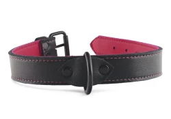 1" wide single strap collar. Black lambskin outer layer, red lambskin inner lining, black d ring, black d ring by buckle.