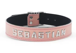 Single strap collar 1" wide. Pastel leather, black suede inner lining, lettering in center.