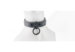 Single strap collar 1" wide. Grey leather, black loop & dee in center, mini pyramids.