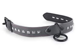 Single strap collar 1" wide. Grey leather, black loop & dee in center, mini pyramids, black locking buckle.