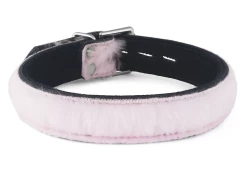 Single strap collar 1" wide. Pastel fur outer layer, black suede inner lining, silver locking buckle.