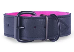 Single strap collar 1.5" wide. Black leather, pink fur inner lining, black d ring by buckle, black buckle.