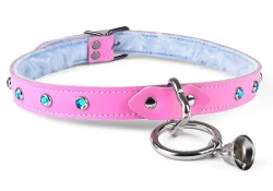 Single strap collar 0.75" wide. Pink leather, baby blue fur inner lining, silver loop & dee (with small bell attached), aquamarine mini gems (have to be applied through the fur).