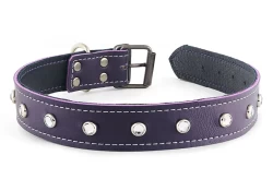 Single strap collar 1" wide. Chocolate Raspberry leather, crystal mini gems, d ring by buckle.