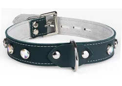 Single strap collar 1" wide. Forest green leather, grey suede inner lining, d ring in center, opal gems, silver locking buckle.
