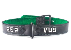 Single strap collar 1" wide. Black lambskin outer layer, italian green fur inner lining, black d ring in center, black locking buckle, lettering (upon special request. Typically, is not offered if an outer layer is present).